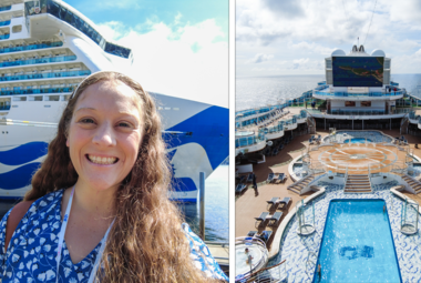 split image of a cruise ship and a girl taking a selfie
